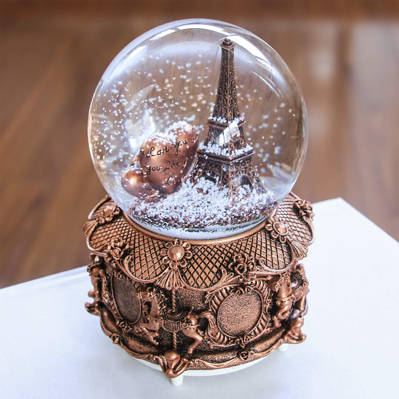 QTKJ Paris Snow Musical Globe with Color Changing LED Lights, Eiffel Tower Snow Globe with Merry-go-Round Base, 100mm 6" Tall Souvenirs Collection - Image 2